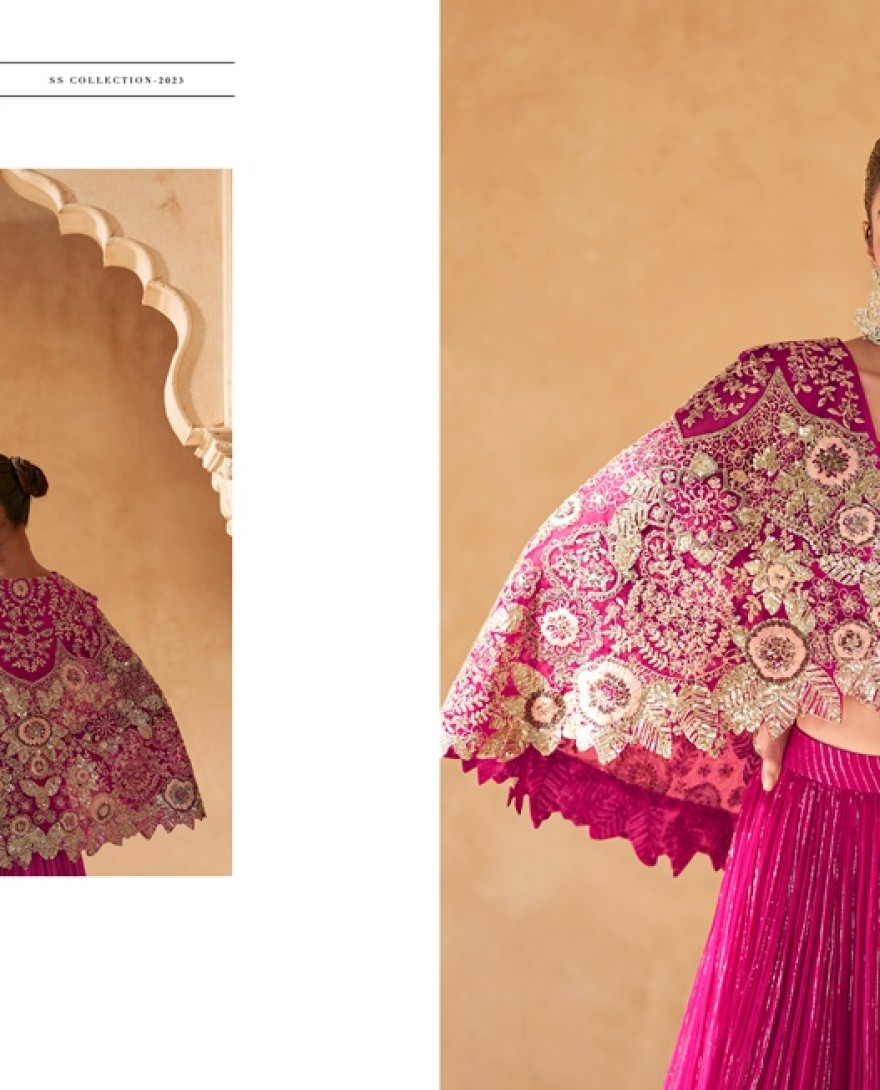 5604 - PINK CROP TOP VISCOS JACQUARD SKIRT FRONT AND BACK EMBROIDERED WITH CANCAN 